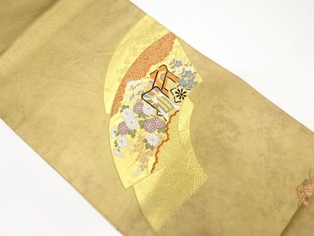 重ね地紙に御所車・花模様織り出し　袋帯